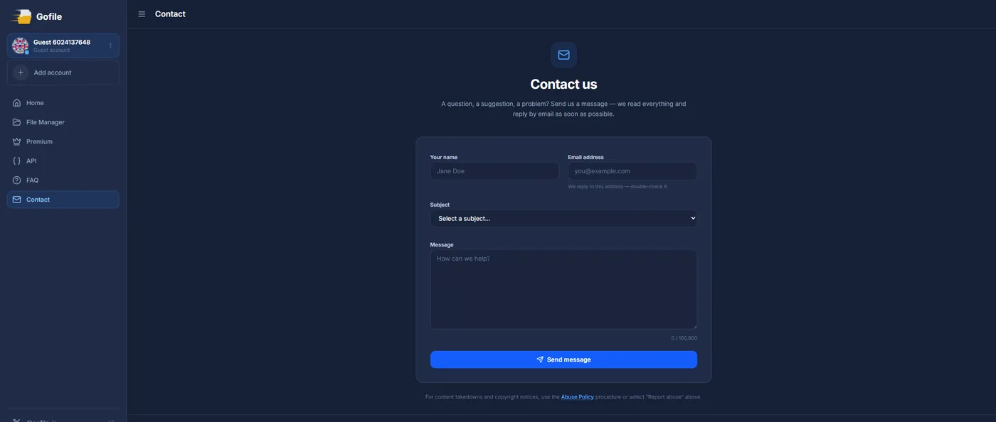 Gofile's contact form, where the Report abuse subject routes copyright takedowns to the right team