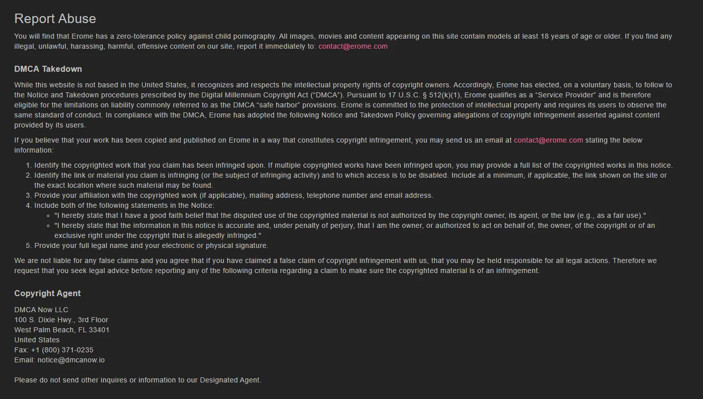Erome's Report Abuse / DMCA page, showing the contact@erome.com takedown address, the notice requirements, and the designated copyright agent