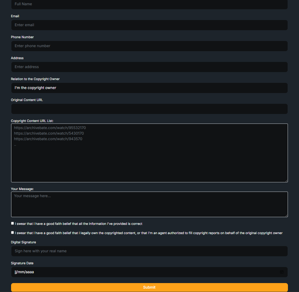 Archivebate contact form
