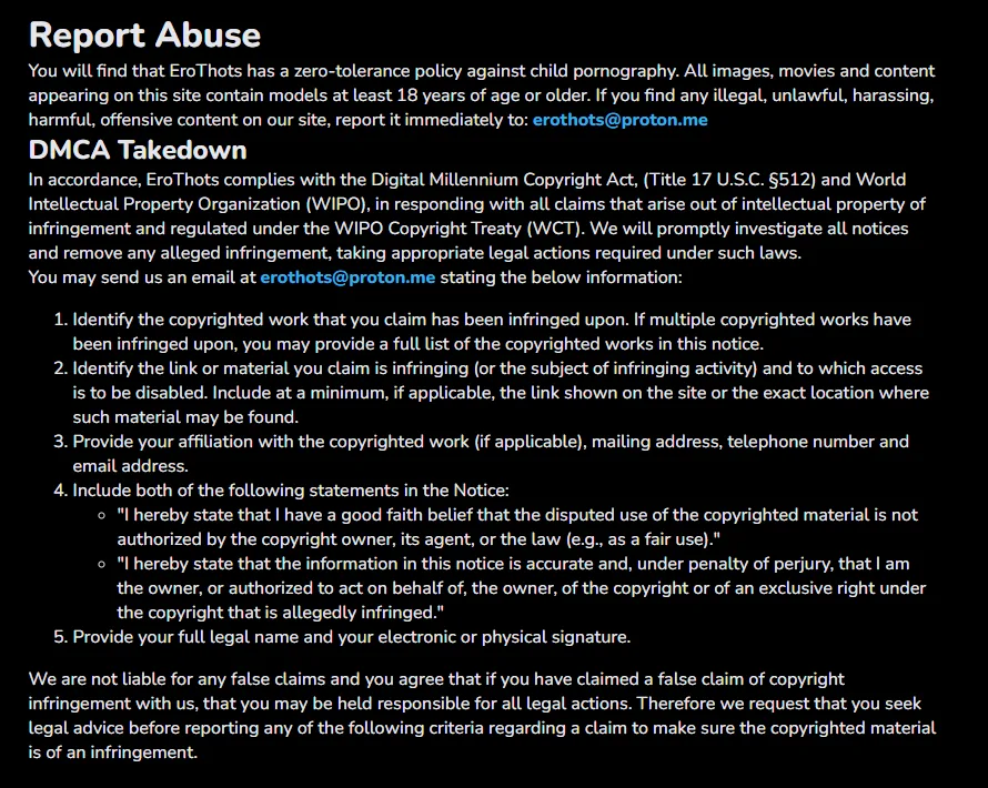La page Report Abuse d'EroThots indiquant erothots@proton.me pour les notifications DMCA et les informations qu'une notification valide doit contenir