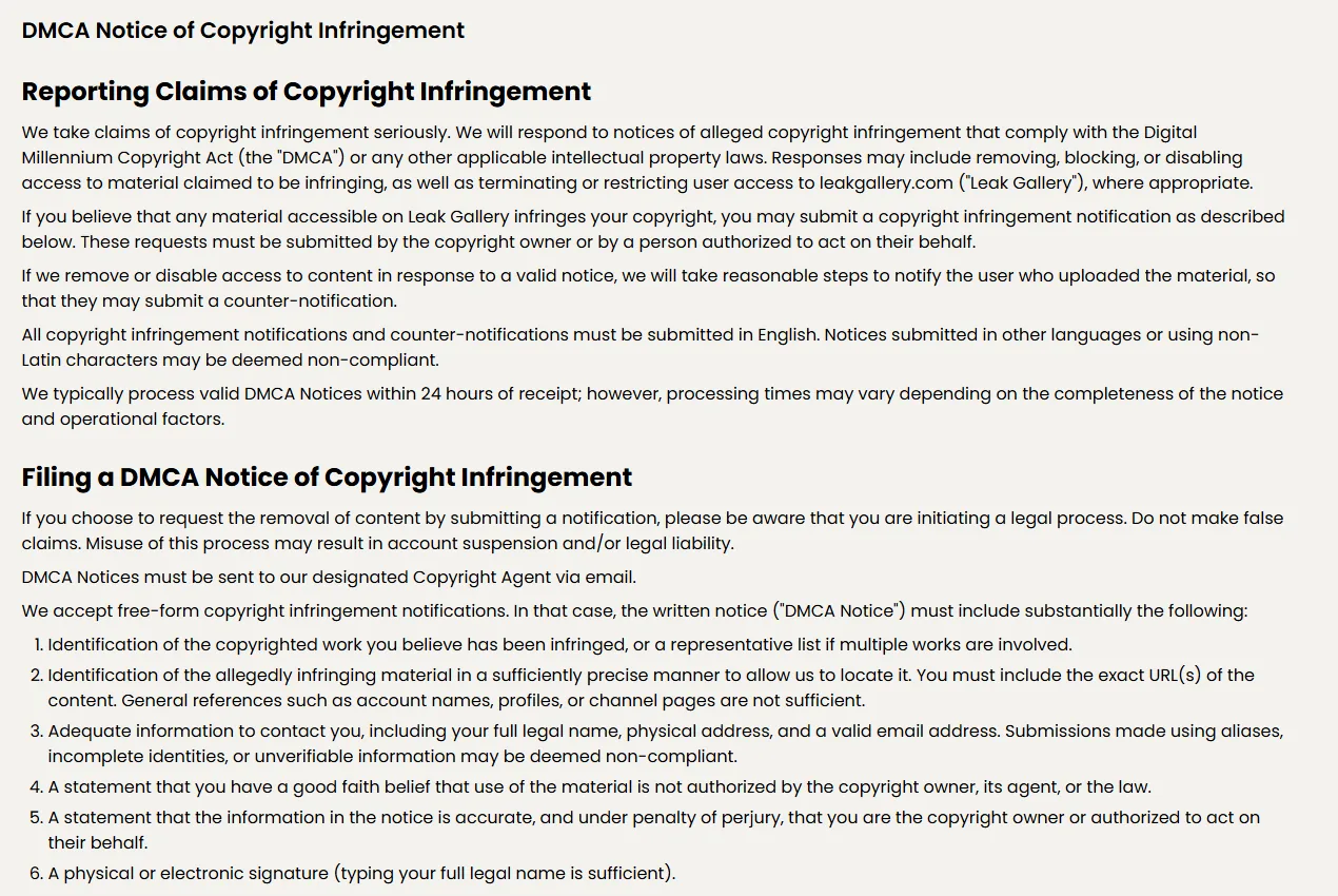 La page de politique DMCA de LeakGallery, confirmant le délai de traitement de 24 heures et que les notifications passent par email vers son agent copyright désigné