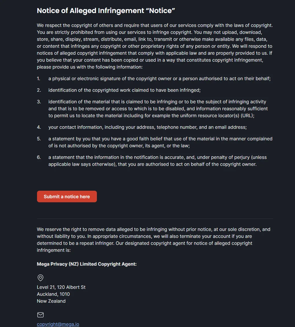 La page de notification copyright de Mega : les six éléments requis, le formulaire Submit a notice here, et l'agent copyright@mega.io