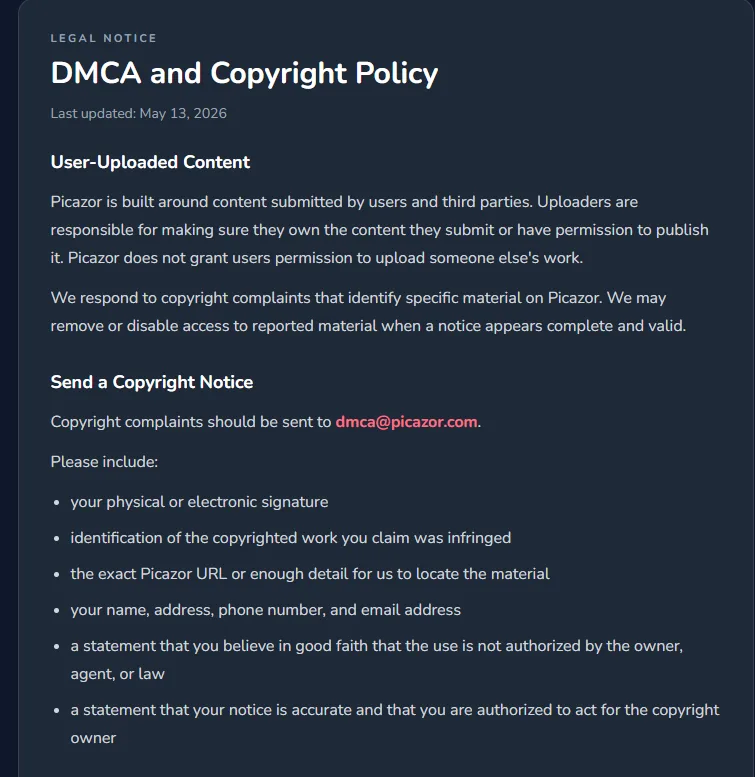 La page DMCA and Copyright Policy de Picazor, indiquant dmca@picazor.com pour les plaintes copyright et ce qu'une notification valide doit contenir