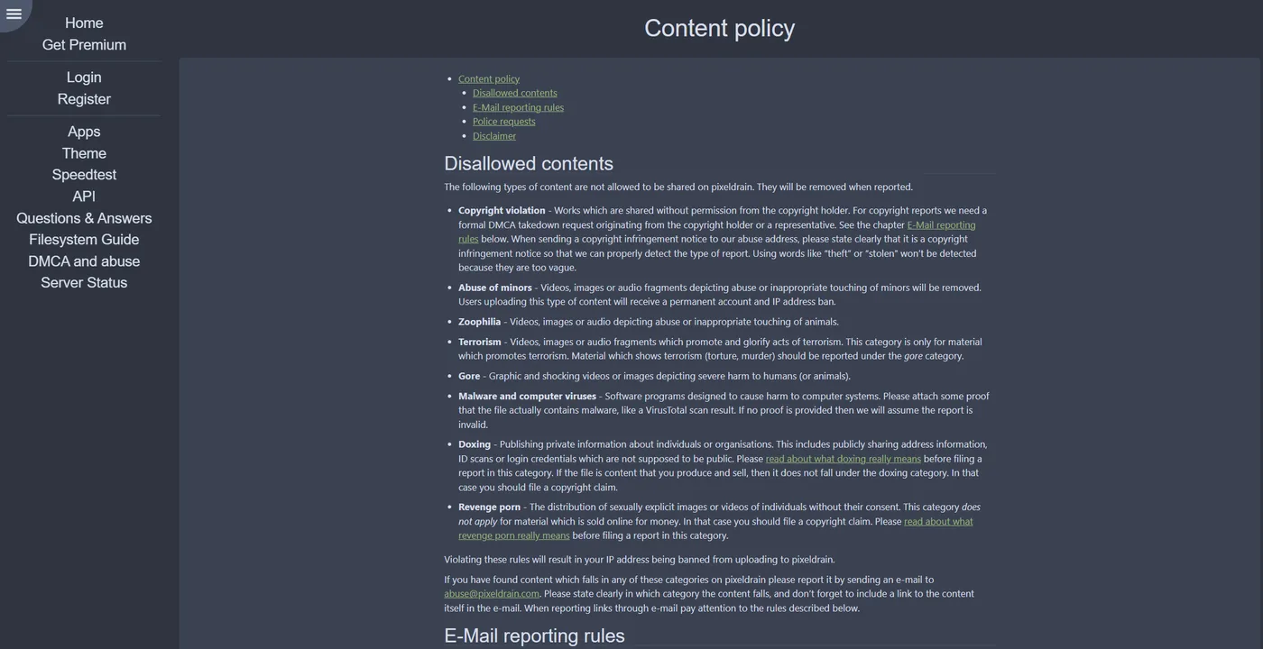 La page de politique de contenu de Pixeldrain, avec la violation de copyright comme motif de retrait et l'adresse de signalement abuse@pixeldrain.com