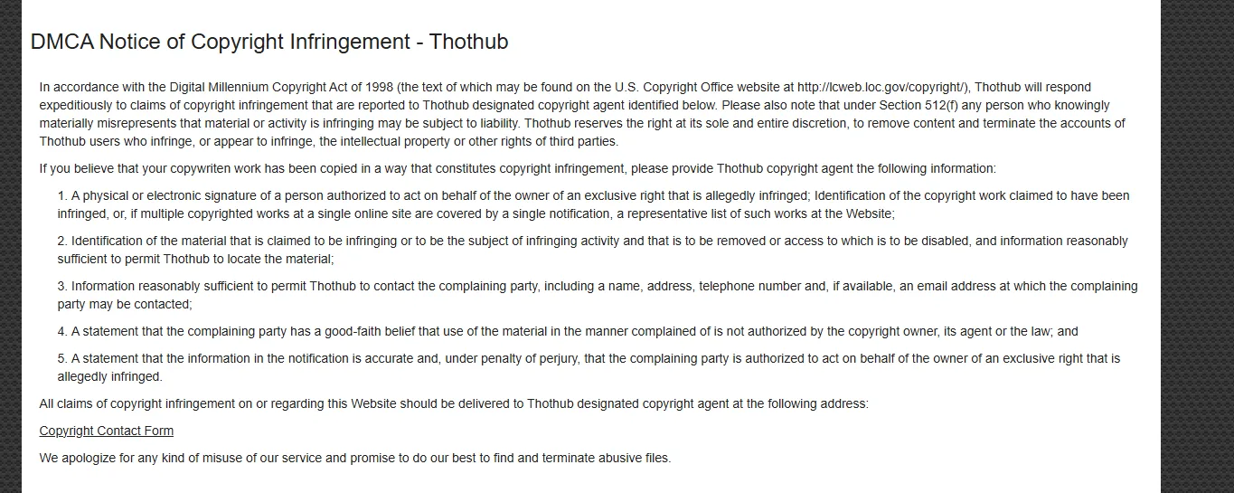 La page de politique DMCA de Thothub, avec les éléments requis d'une notification et le Copyright Contact Form utilisé pour envoyer une demande de retrait