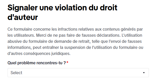 Menu déroulant sélection type de problème